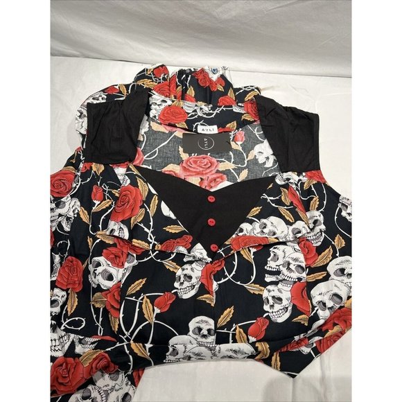 NWT AYLI Black dress Skull Floral Fit And Flare 1950 Vintage RETRO 14 - Picture 5 of 8
